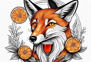 Adult fox holding a Negroni in a crystal glass with an orange peel looking forward tattoo idea