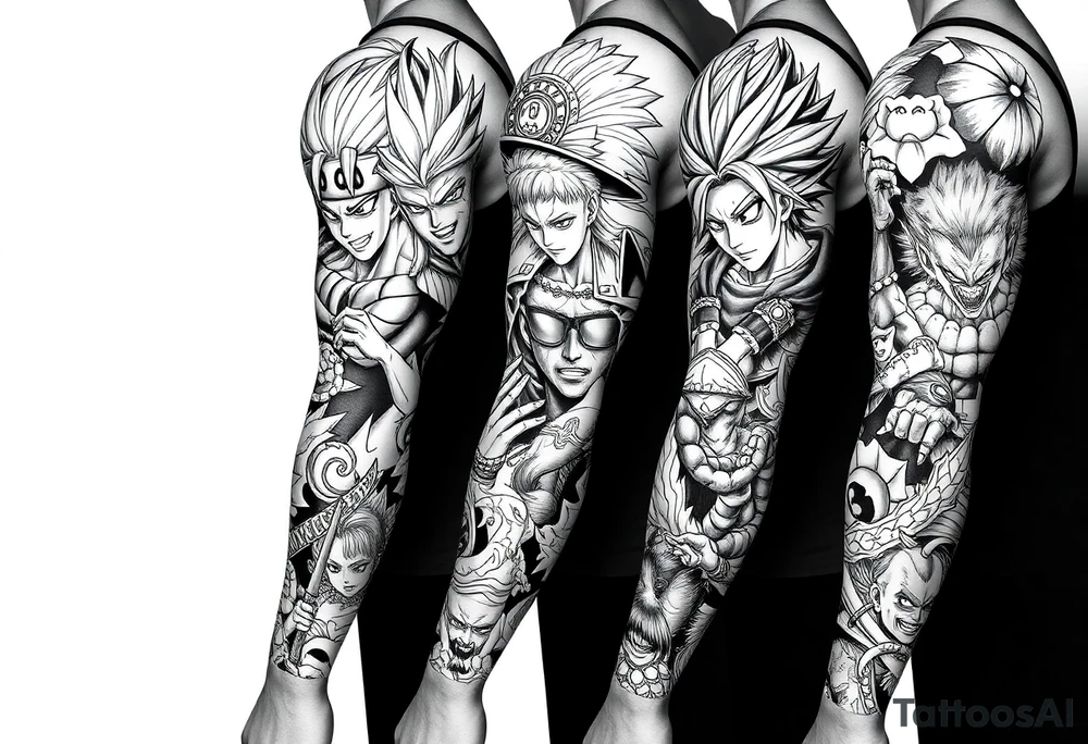 Battle royal anime sleeve with several characters from different Manga like naruto, hunter x hunter, solo leveling, demon slayer, dragon ball super, full metal alchemist, tattoo idea