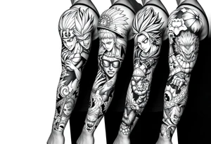 Battle royal anime sleeve with several characters from different Manga like naruto, hunter x hunter, solo leveling, demon slayer, dragon ball super, full metal alchemist, tattoo idea