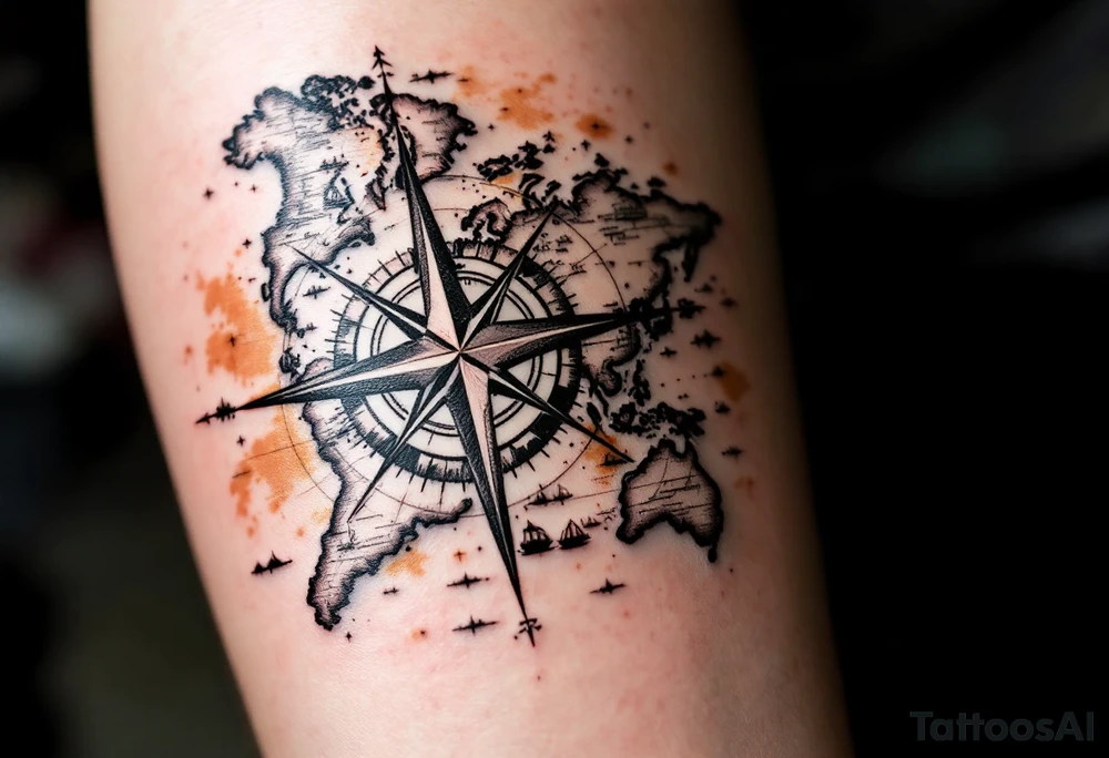 antique compass rose overlaid on weathered world map with sailing ships tattoo idea