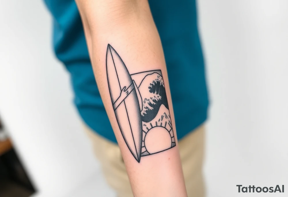 New school geometrical concept tattoo with the girl holding surfboard in a vertical position her face is turned 60 degrees to out side, the bottom part of a body is showed, on the right side of a tattoo is the realistic wave closed in a frame. And the bottom of a taro is a palenesiab sun. Link the objects based on new school geometry tattoos. tattoo idea