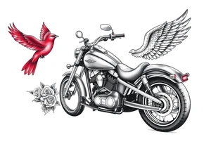 Harley grey motorcycle driving away, two red birds flying, roses, flames, angel wings tattoo idea