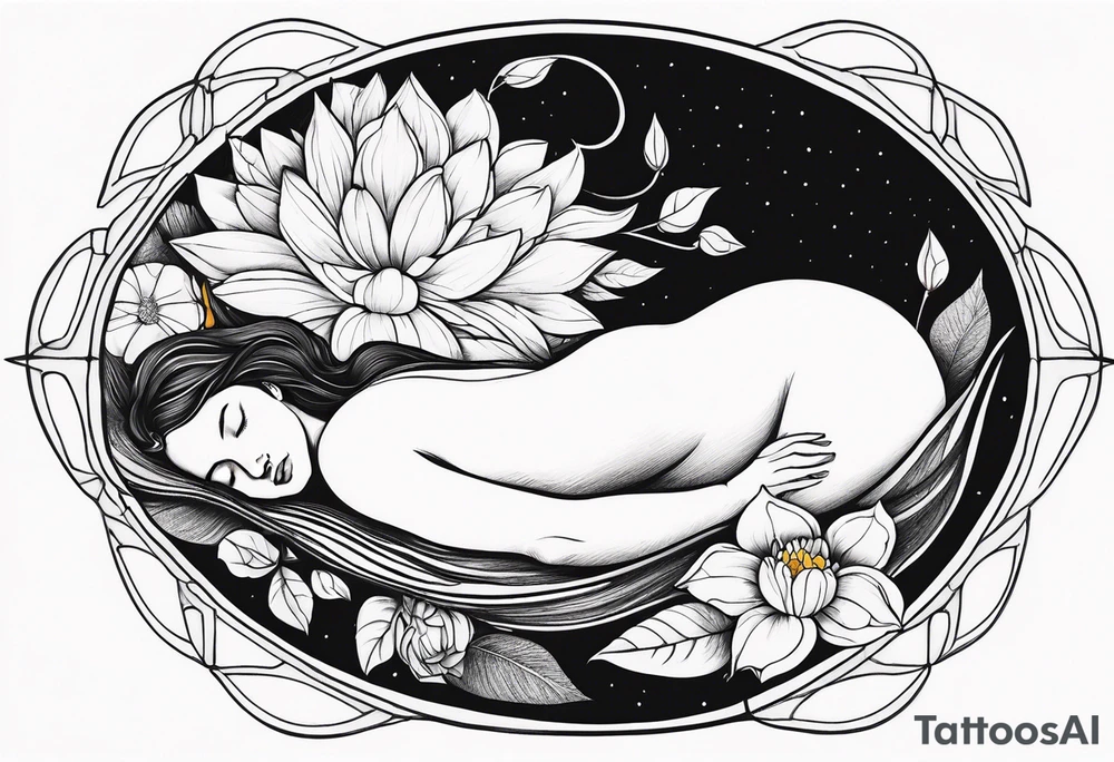 tattoo design of woman asleep in a fetal position inside a closed flower bud. Full body tattoo idea