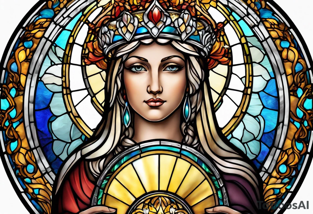 holy saint woman with halo stained glass holding a chalice tattoo idea