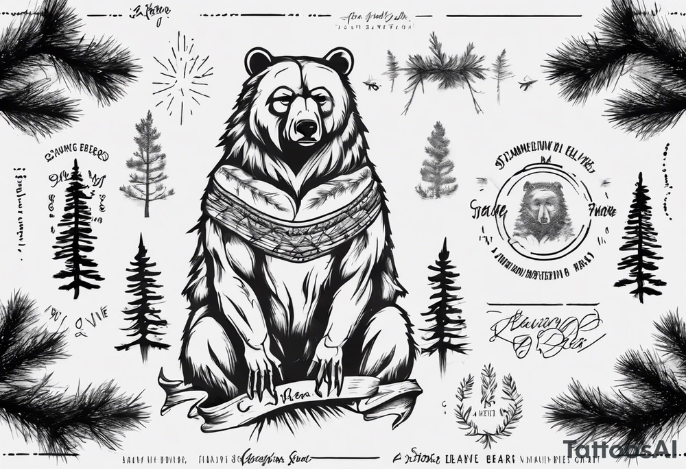 Standing bear fine line with armband.  Pine trees with script.  Add a eye with dot work lines coming out from the eye. tattoo idea