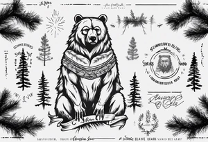 Standing bear fine line with armband.  Pine trees with script.  Add a eye with dot work lines coming out from the eye. tattoo idea