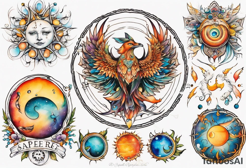 fisch, fuchs und eule , symetrie  sonne, universum, bunt, " sapere aude" tattoo idea
