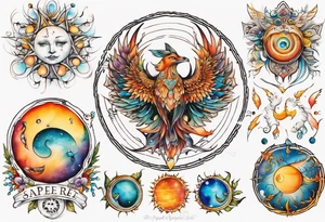 fisch, fuchs und eule , symetrie  sonne, universum, bunt, " sapere aude" tattoo idea