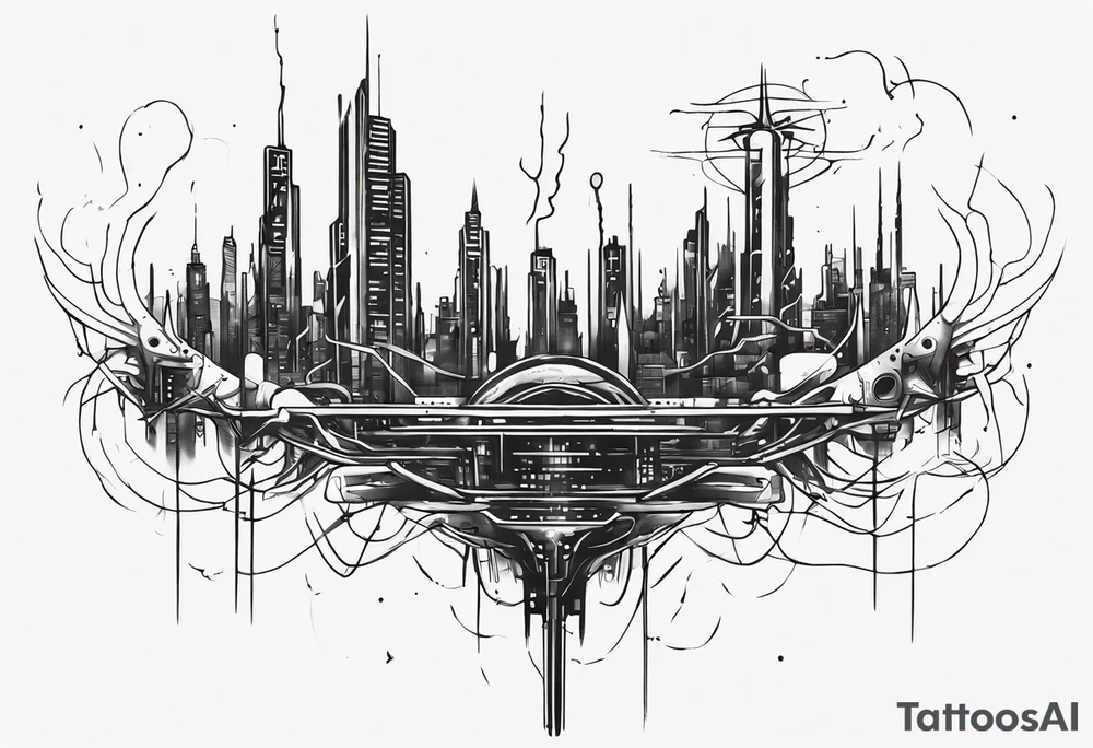 minimalist cyberpunk upper arm design from the shoulder that depicts heaven and hell as a city scape 
with neuron projecting downwards. tattoo idea