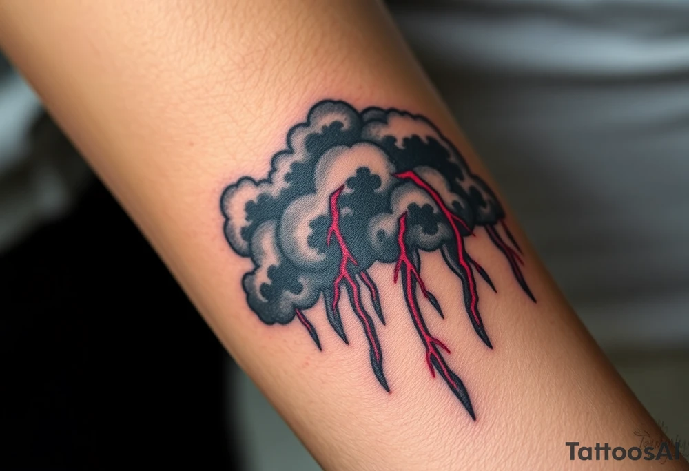 Dark, black menacing storm clouds with creepy red bolts of lightning & heavy rain coming down tattoo idea