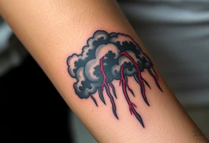 Dark, black menacing storm clouds with creepy red bolts of lightning & heavy rain coming down tattoo idea