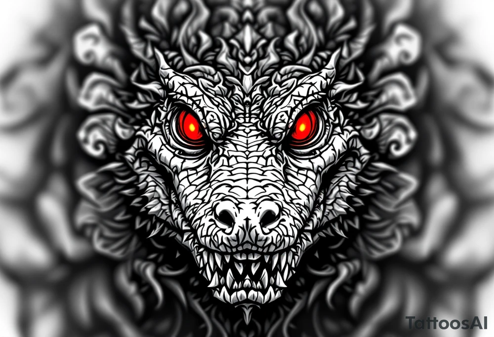 powerful aligator with red eyes, surrounded by death ornaments tattoo idea