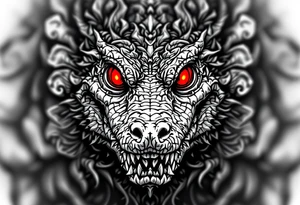 powerful aligator with red eyes, surrounded by death ornaments tattoo idea