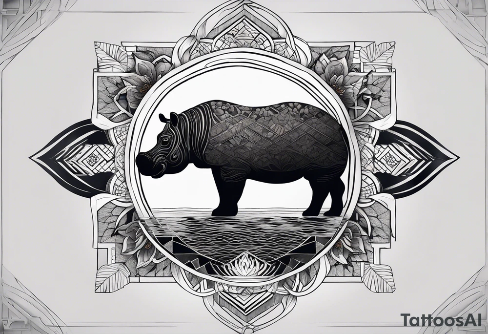 Very asymmetrical, +geometric pattern, with realistic full moon, with hippo at side look, +zen feel, + Buddhism touch, +tribal, +geometric, +inkart , +blackwork
with wintersweet flower bud, +portrait orientation, +inkart touch, tattoo idea