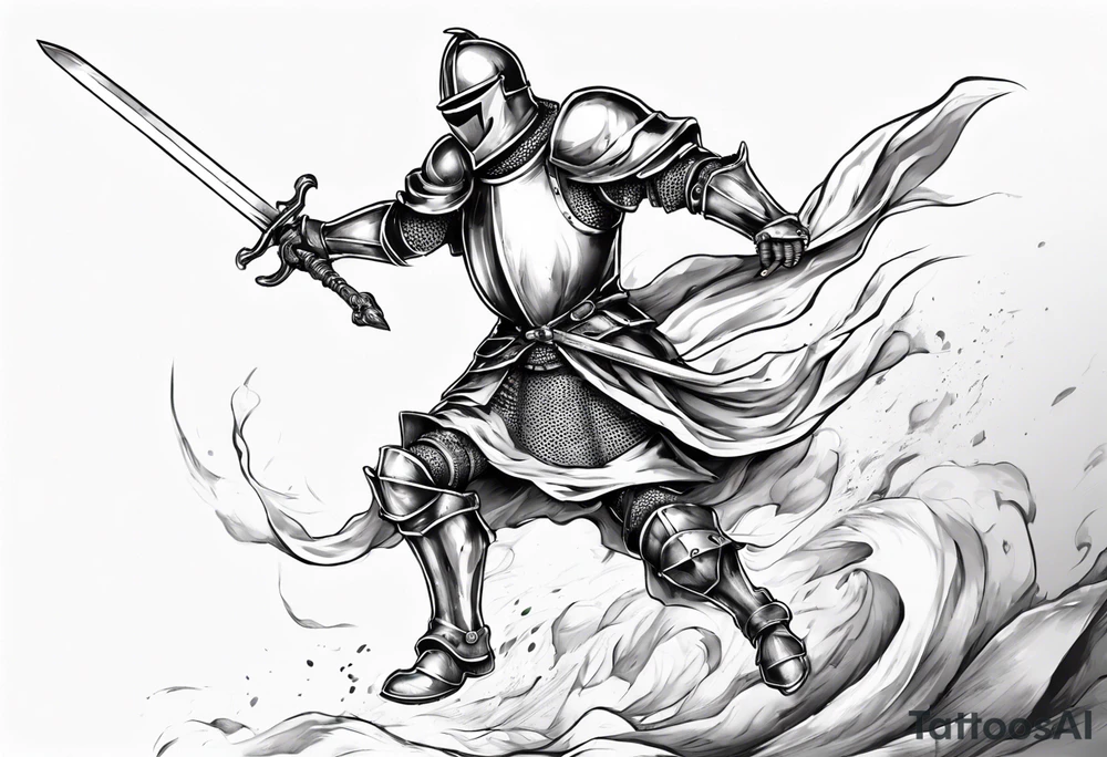 A Paladin Knight in mid-air with his sword about to attack. tattoo idea