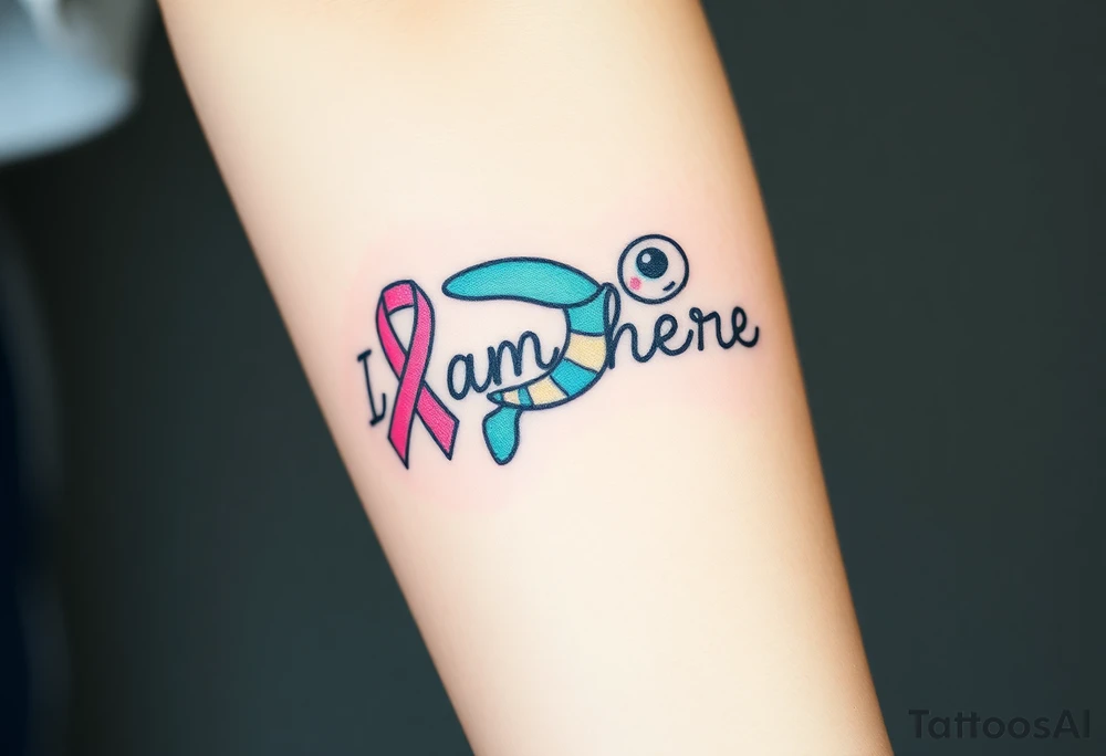 ‘I am here’ with breast cancer pink ribbon as I with Hawaiian theme sea turtle tattoo idea