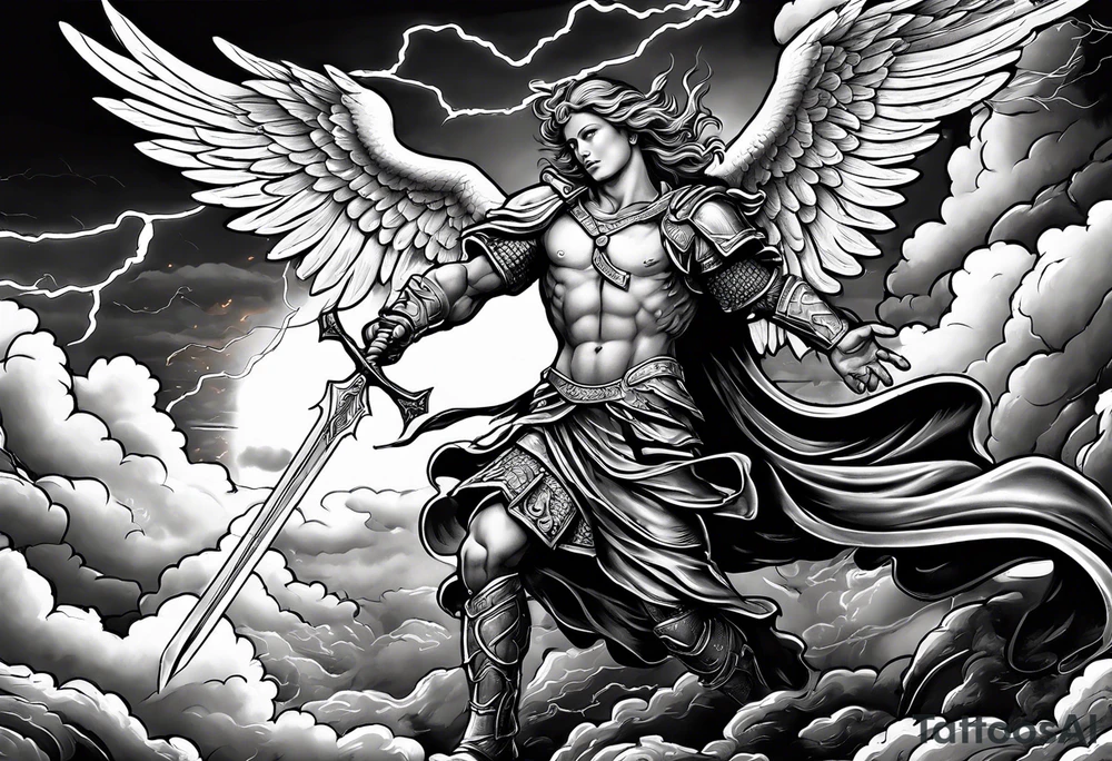 Michael the Archangel defeating the devil.  clouds and lightning in background tattoo idea
