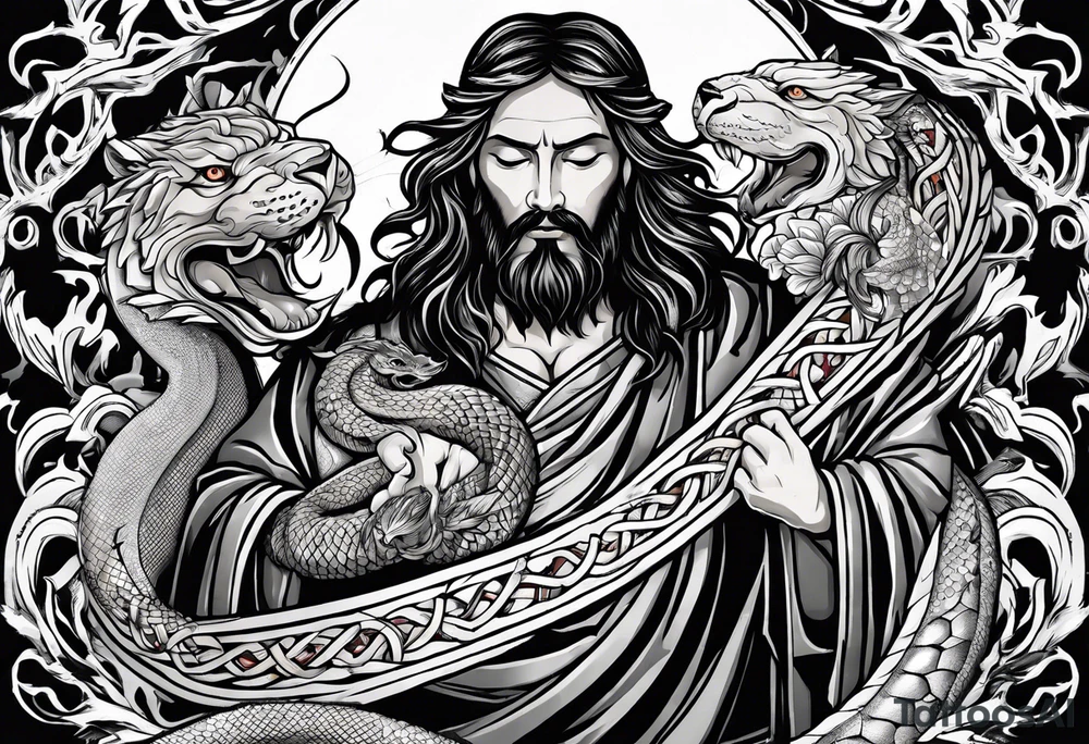 Almighty powerful Jesus cutting off the Serpent head tattoo idea