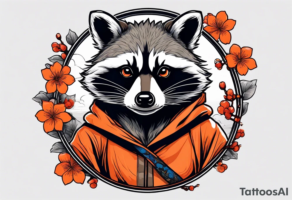 raccoon wearing a Superman hoodie with orange Japanese cherry blossoms tattoo idea