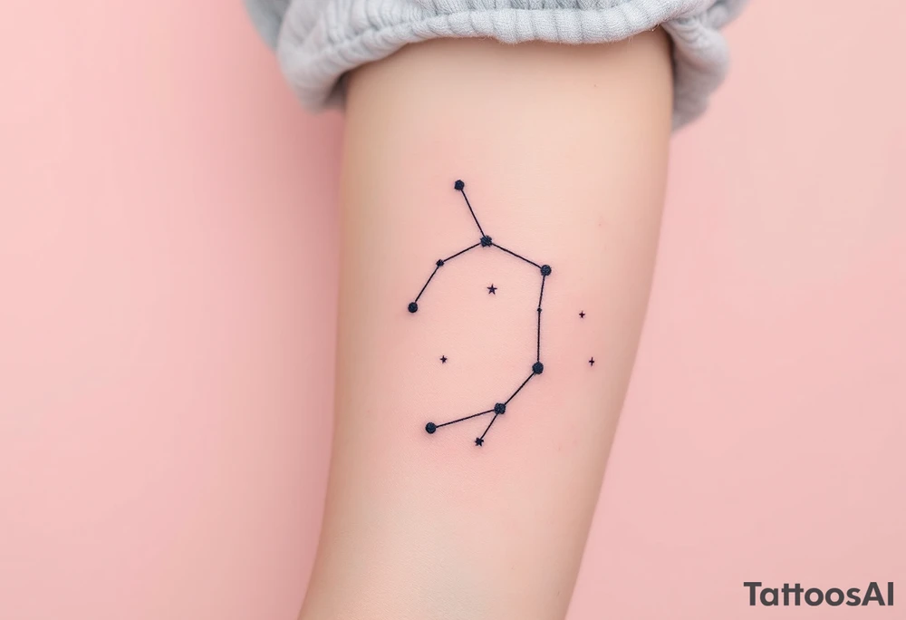 A soft pink sky background frames a hand-poked Cancer star constellation with a faint gray crab outline. tattoo idea