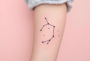 A soft pink sky background frames a hand-poked Cancer star constellation with a faint gray crab outline. tattoo idea