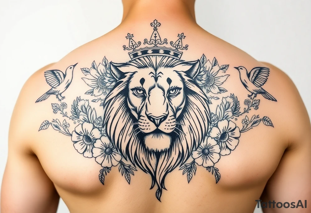 powerful majestic lion with a crown, surrounded by floral ornaments and birds tattoo idea