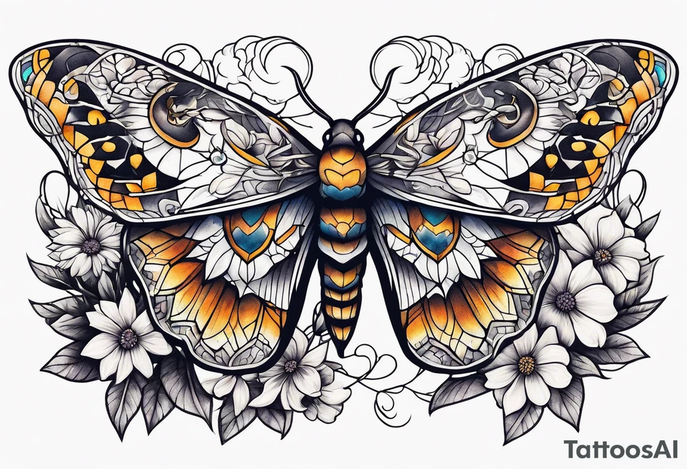 Moth, moon, snake, flowers tattoo idea