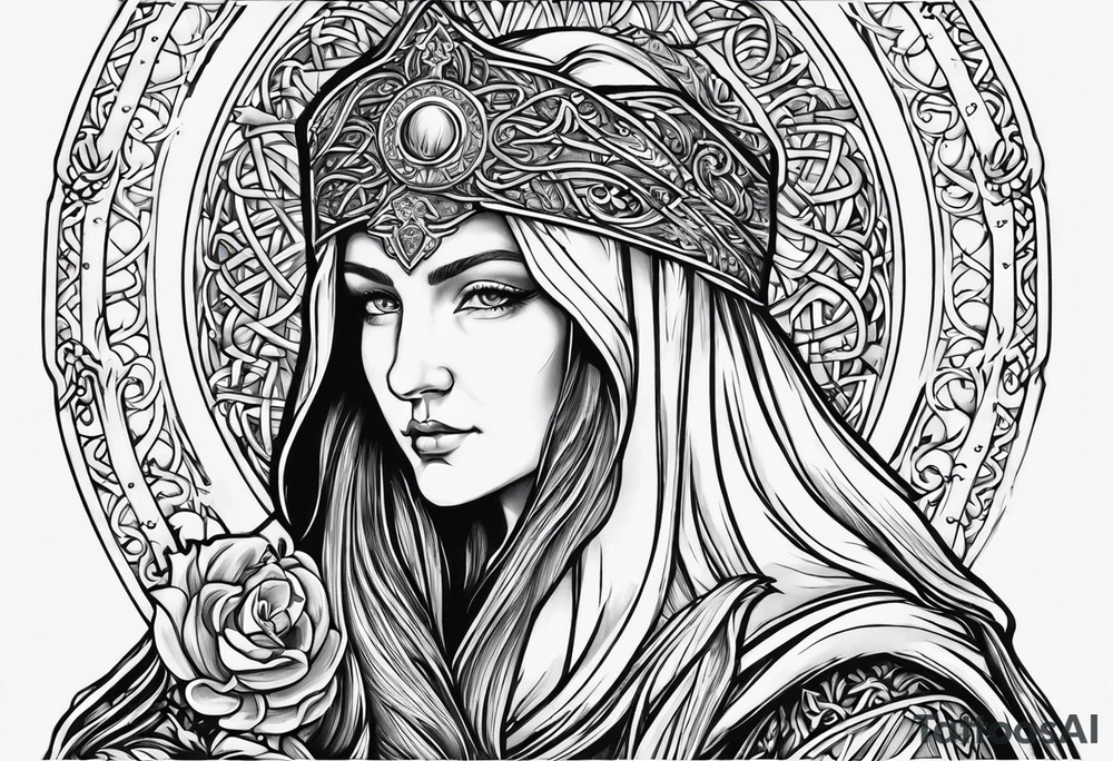 A full back piece themed on the surname mcbride and the irish saint bridget. It should not have her actual face in it. It should take inspiration from artwork of saint bridget holding fire in her hands. It should have the text Vincit Pericula Virtus on it tattoo idea