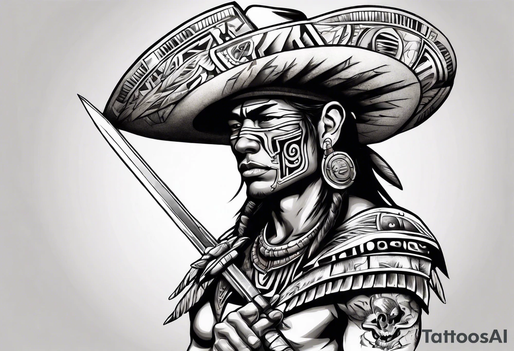 Aztec warrior with cowboy hat holding a sword tattoo idea Aztec warrior with cowboy hat holding a sword tattoo idea
