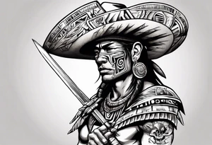 Aztec warrior with cowboy hat holding a sword tattoo idea