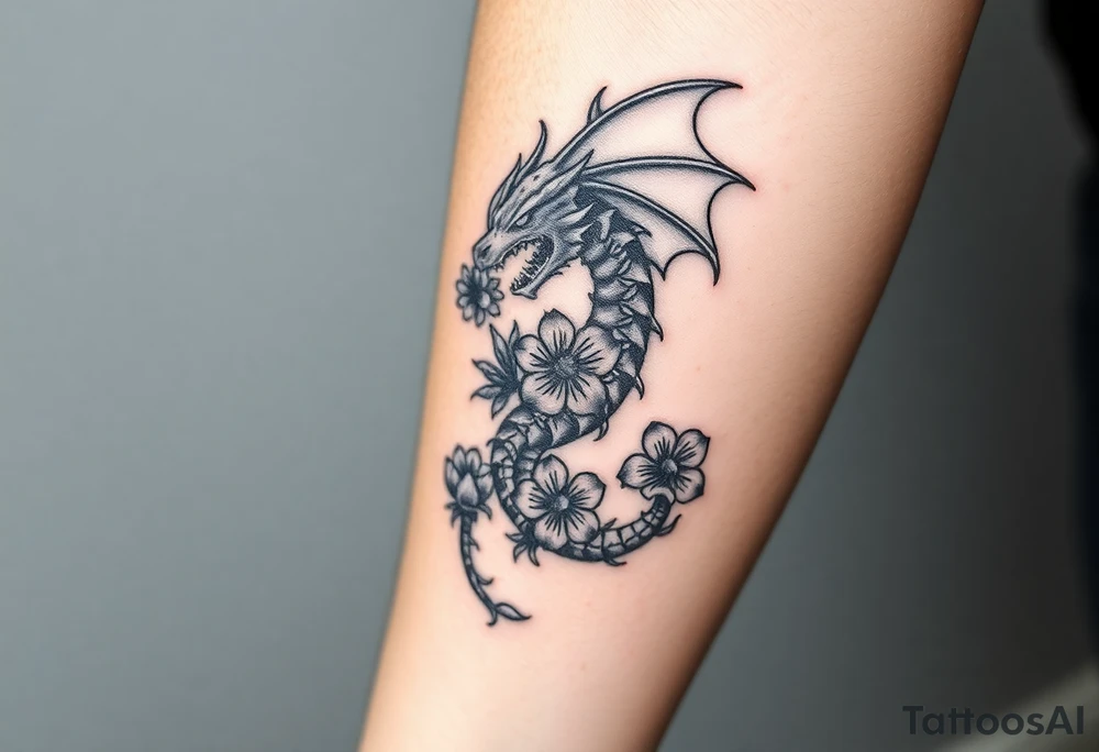 scary dragon with death flowers tattoo idea