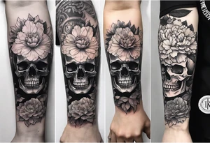 Left forearm tattoo of sunset and carnations on the outside of the forearm and on the inside there will be marigolds and a small skull tattoo idea