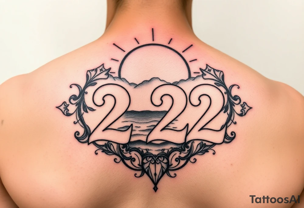 Bold 222 surrounded with sunset and love and stardust and vibration tattoo idea