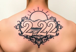 Bold 222 surrounded with sunset and love and stardust and vibration tattoo idea