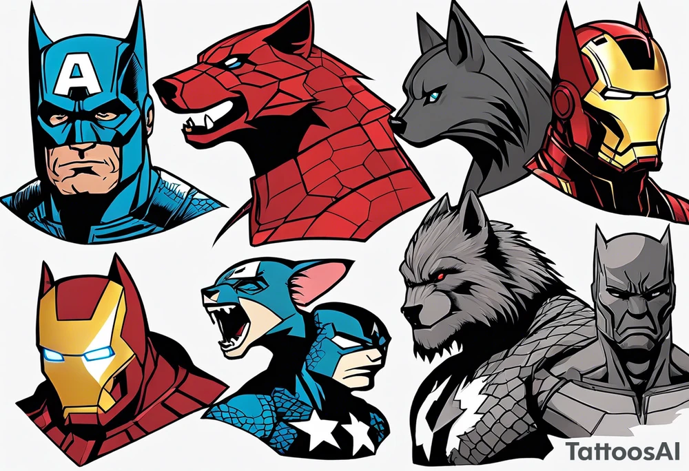 I want to change Avengers Team characters with animals. Hulk will be Badger, Thor will be Alpha Grey Wolf, Captain America will be Bull, Iron Man will be Canary, Black Widow will be Axolotl, Hawk Eye will be Sudan Plated Lizard and Nick Fury will be Cat. tattoo idea