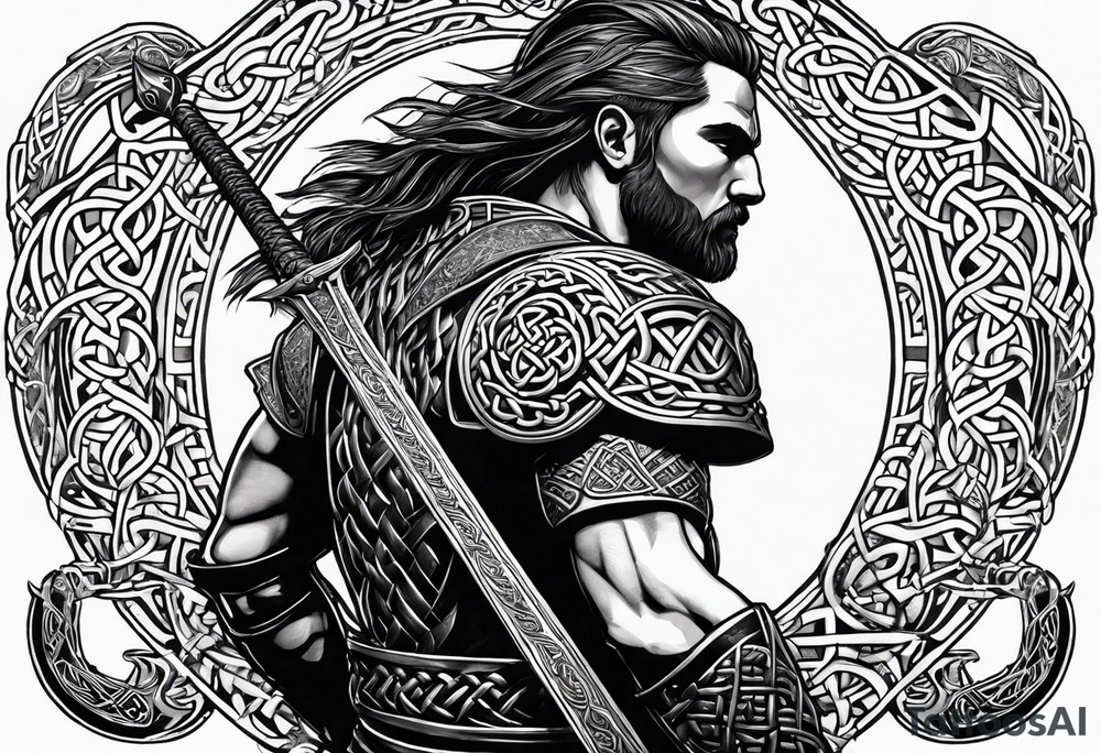 Full body side profile of a Celtic warrior with weapons. Background of Celtic symbols tattoo idea