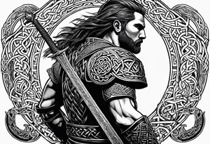 Full body side profile of a Celtic warrior with weapons. Background of Celtic symbols tattoo idea