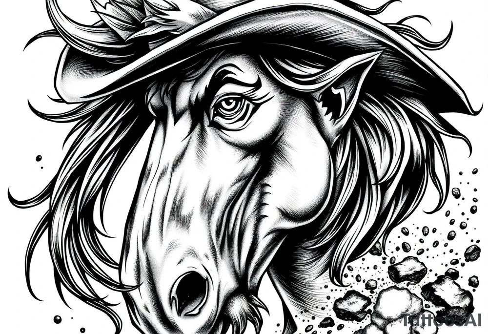 Close-up on a demon cowboy's face, horse's mane flowing, volcanic ash falling. tattoo idea