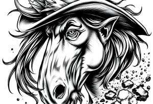 Close-up on a demon cowboy's face, horse's mane flowing, volcanic ash falling. tattoo idea