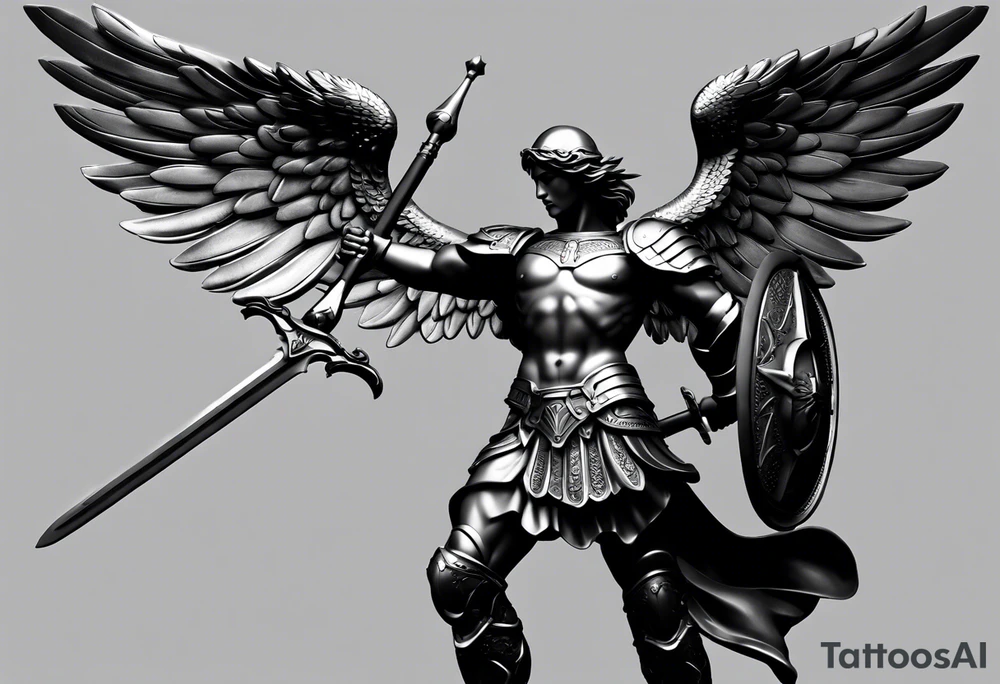 **Tattoo Design: Archangel Michael**

- **Central Theme**: Archangel Michael, majestic and powerful, stands ready with a raised sword, prepared to battle evil.
- **Appearance**: The figure of Archangel Michael depicted in full angelic armor, with majestic wings spread wide.
- **Expression**: His stance conveys strength, courage, and determination in defense of good.
- **Details**: Focus on intricate details such as facial features, armor embellishments, and the raised sword.
- **Background**: May be stylized as celestial, with rays of light or clouds, accentuating the divine presence of Archangel Michael.
- **Placement**: Intended for placement on the chosen body area, with the option to adjust the size according to personal preferences. tattoo idea