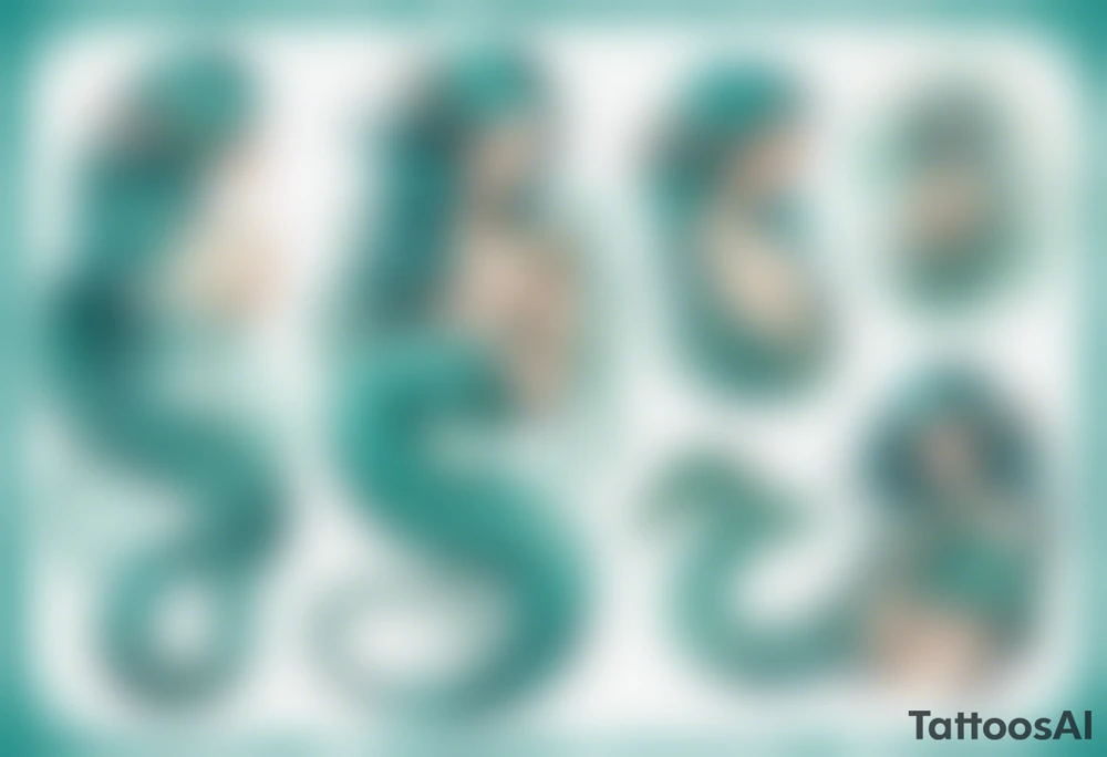 A beautiful woman with teal hair who is a serpent from the waist-down with turquois scales. tattoo idea