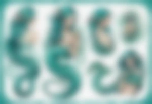 A beautiful woman with teal hair who is a serpent from the waist-down with turquois scales. tattoo idea