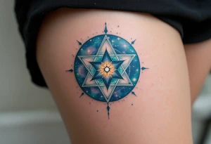 A blue-green Alatyr star rests at the center of the universe, embodying balance and divine order. tattoo idea