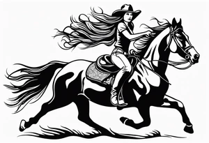 cowgirl with long hair on the back of galloping stallion. She is holding her cowboy hat on her head with one hand and the reins with the other hand. Stallion galloping really fast. tattoo idea