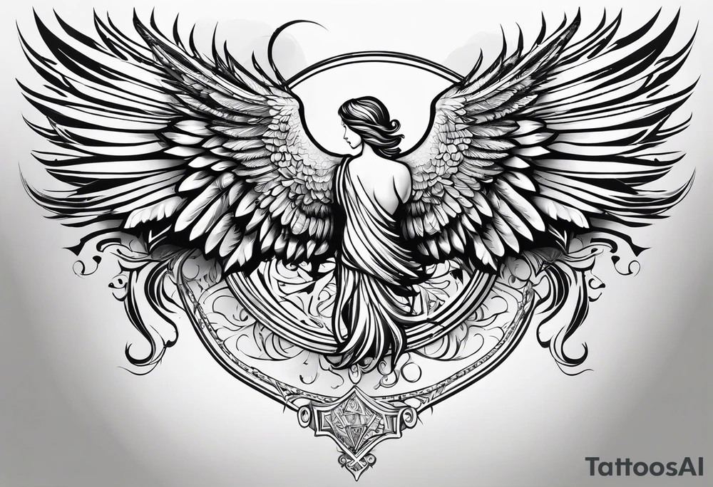 the word Glenn on a banner and angel wings tattoo idea