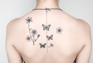 Vertical line down the middle

Water lily, honeysuckle, narcissus, violet and a daisy

Small butterflies tattoo idea