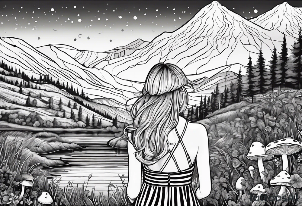 Straight long blonde hair hippie girl in distance holding mushrooms in hand facing away toward mountains and creek surrounded by mushrooms black and white striped dress tattoo idea