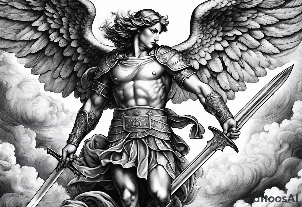 Arm sleeve of St Michael, the archangel, plunging a sword into the devil who is fallen on the stairway to heaven. Angels and demons are fighting all around in the clouds tattoo idea