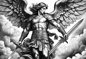Arm sleeve of St Michael, the archangel, plunging a sword into the devil who is fallen on the stairway to heaven. Angels and demons are fighting all around in the clouds tattoo idea