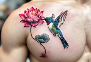 A Hummingbird Drinking from a Lotus Flower (only red, blue and black are possible colors) tattoo idea